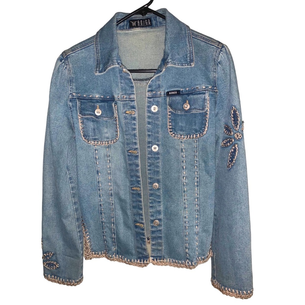 Vintage BONGO Denim Collection, Denim Jacket, Size M/9, Cream Crochet Embroidery